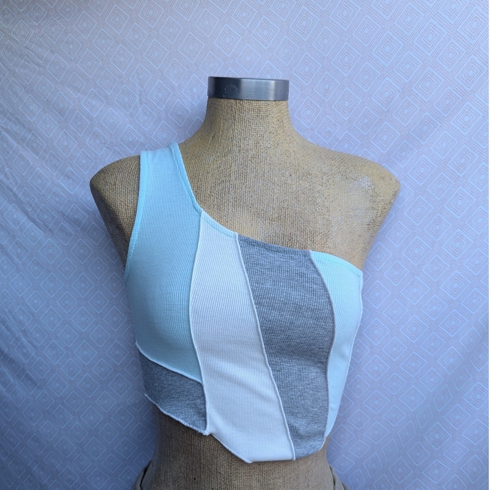 Blue Blush One Shoulder Crop Top Womens Blue White Grey Excellent Colorblock Rib